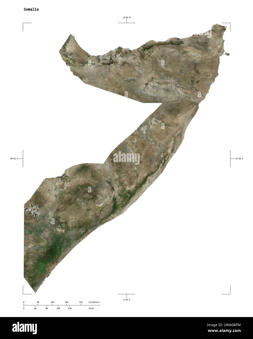 Shape of a high resolution satellite map of the Somalia, with distance ...
