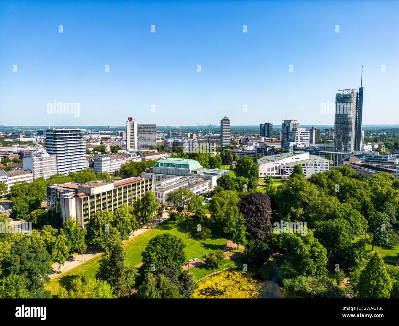 The skyline of Essen city centre, with the RWE Tower on the right and ...