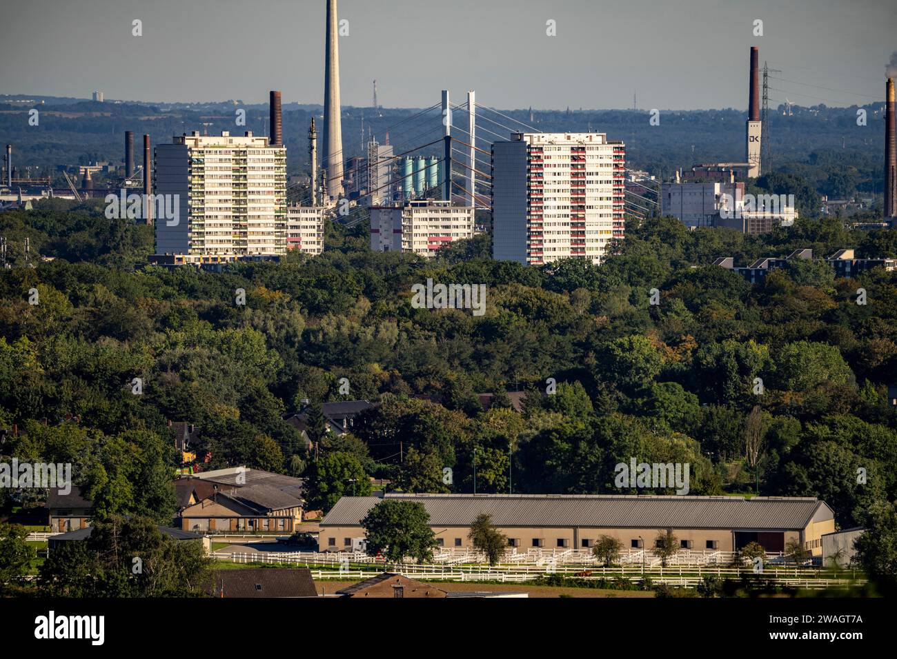 View over Duisburg-Hochheide, high-rise residential buildings, behind them the old and new motorway bridge Neuenkamp, chimneys of DK Recycling and Roh Stock Photo