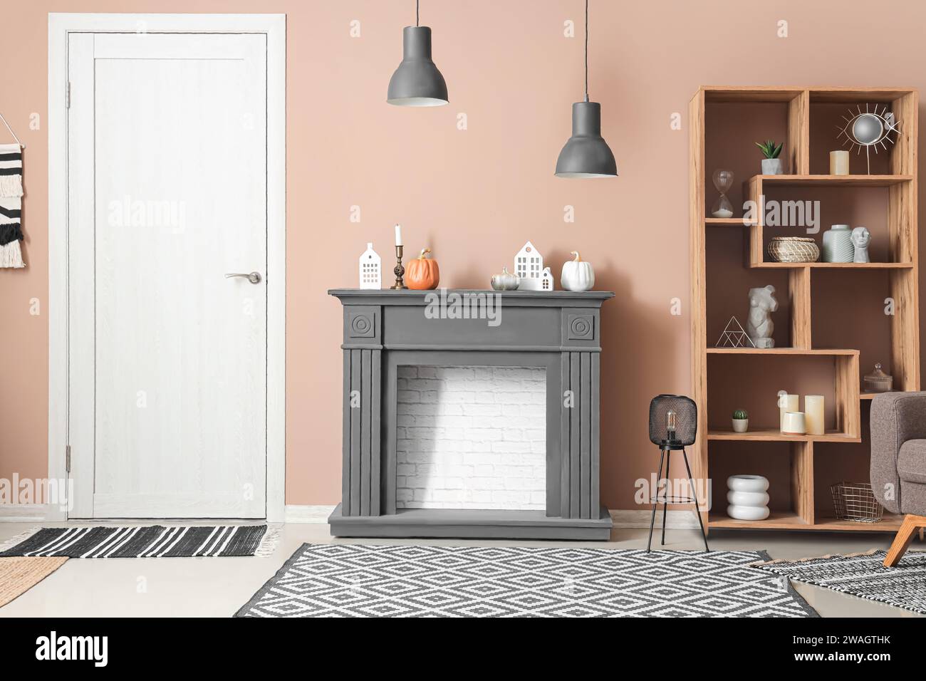 Interior of modern living room with fireplace and shelving unit Stock ...