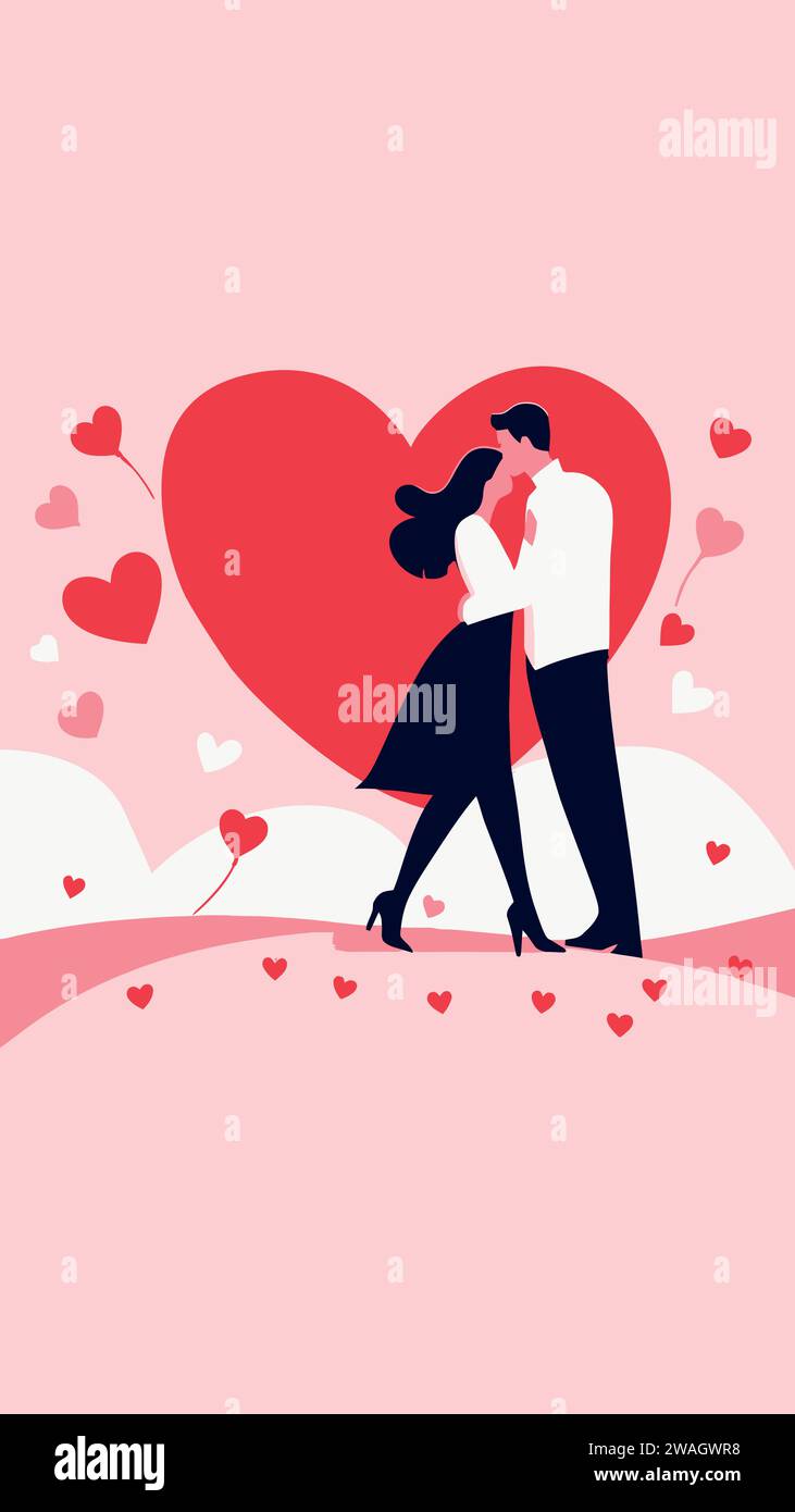 Vector illustration: Couple in love on hearts background. Expresses love with romantic colors. Perfect for covers and love content. Stock Vector