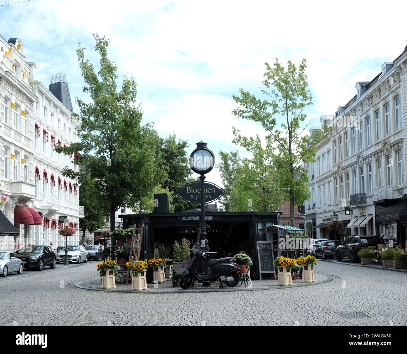 Dutch Flower shop kiosk on a cobbled street in Maastricht Stock Photo