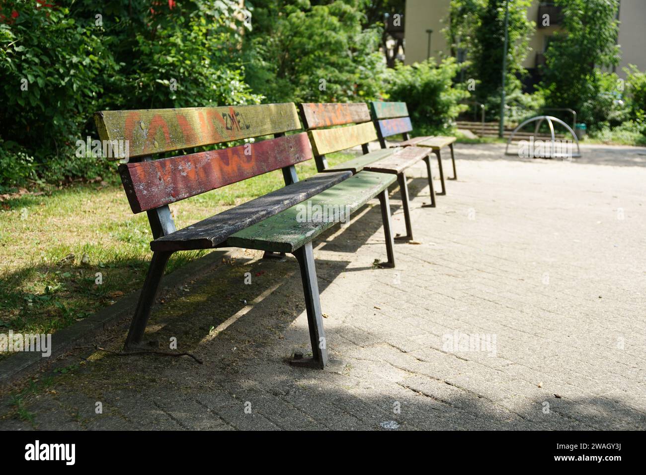 Germany Bench Beautiful shot of old colorful benches in Holsterhausen in Essen ...