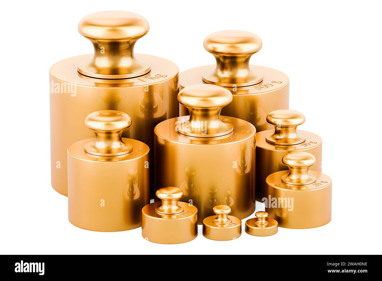Brass Calibration Weights, Scale Weight Set, 3D rendering isolated on white background Stock Photo