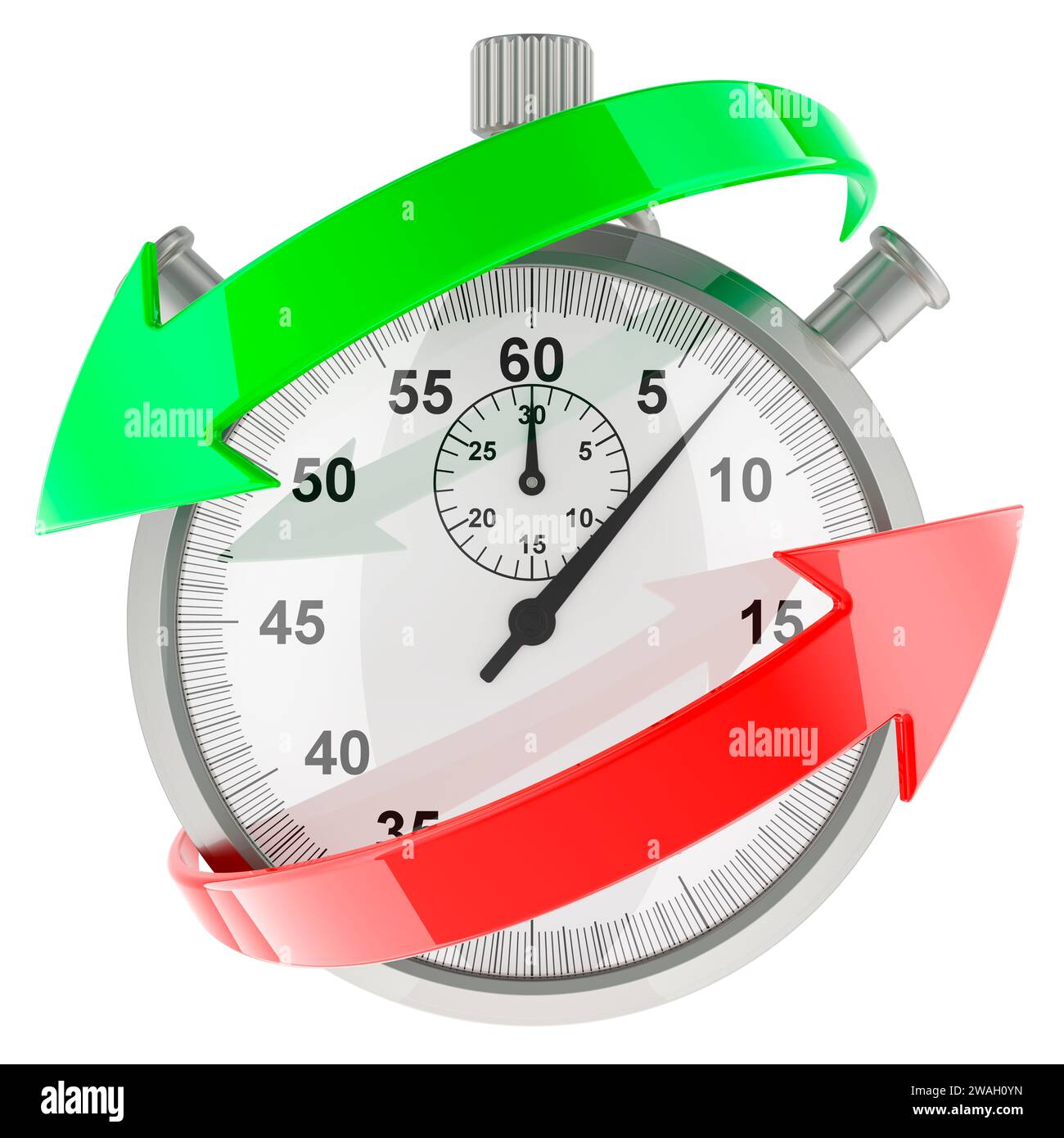 Stopwatch with green and red arrows around. 3D rendering isolated on ...