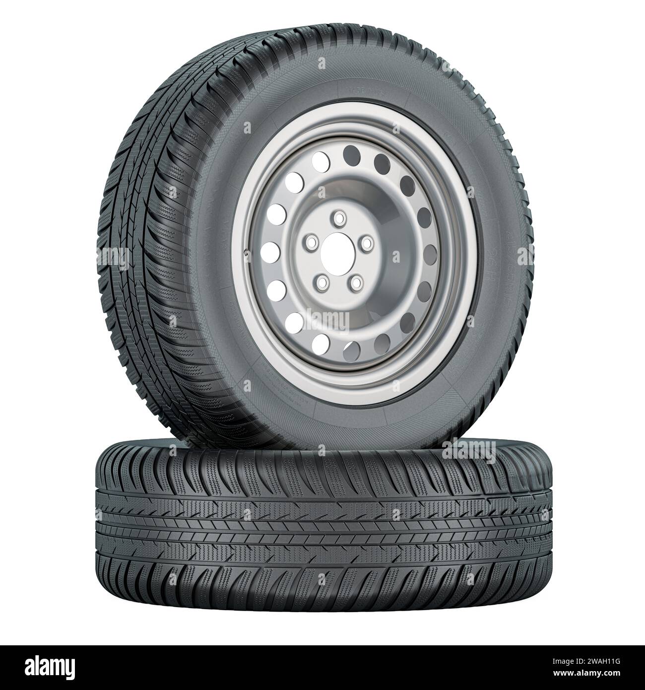 Two car steel wheels with tires. 3D rendering isolated on white