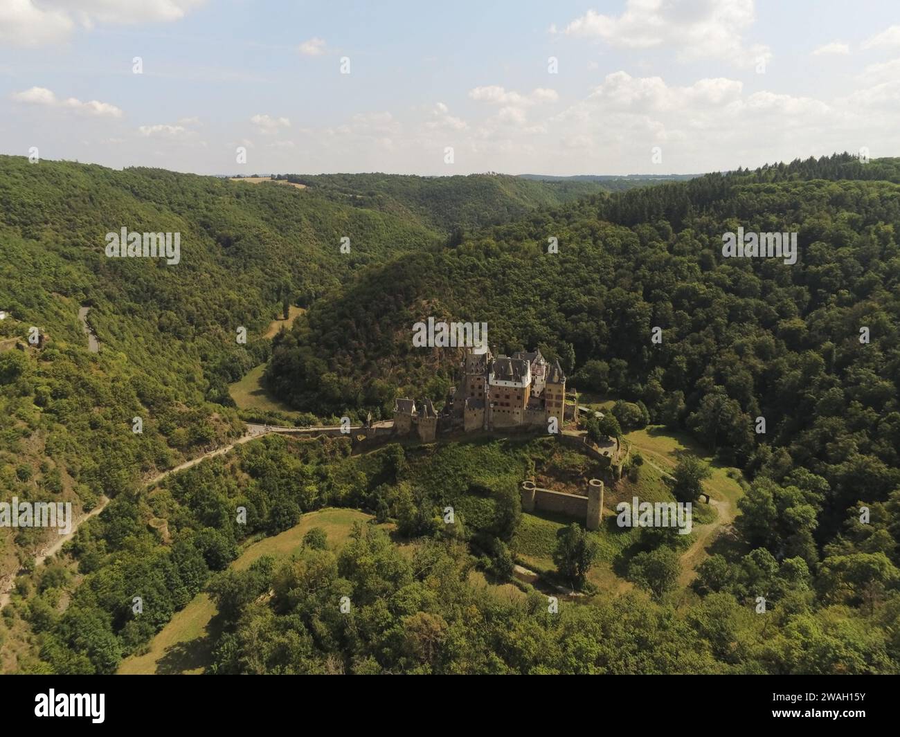 Aerial view of the 12th-century hilltop Eltz Castle near Wierschem in ...