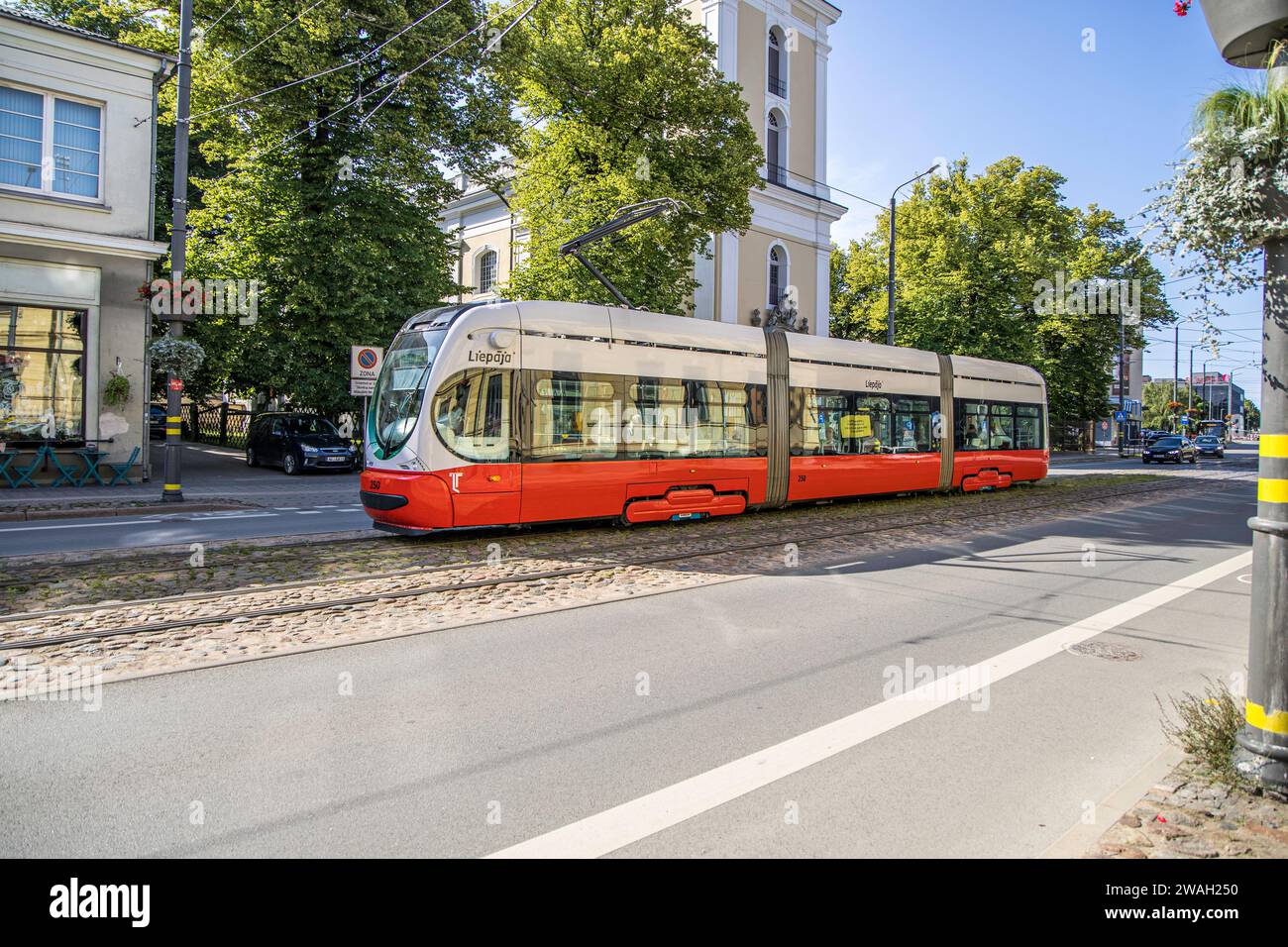 Liepaja , Latvia- July 7, 2023: New tram number one route is running in Liepaja town center Stock Photo