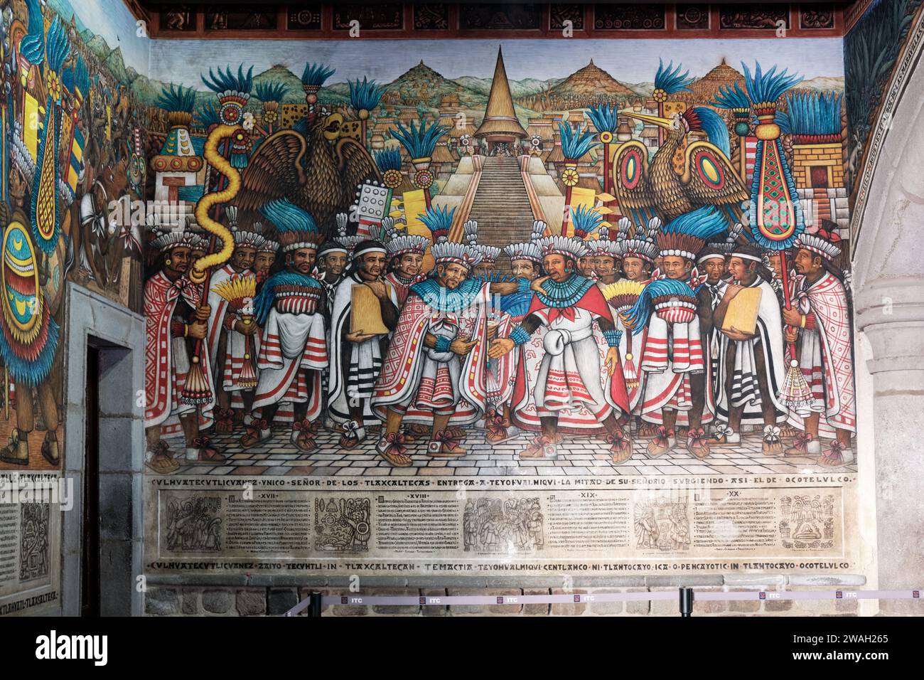 Close up of Mural by Desiderio Hernandez Xochitiotzin, depicting the history of the city in the Palacio de Gobierno, Tlaxcala, Mexico Stock Photo