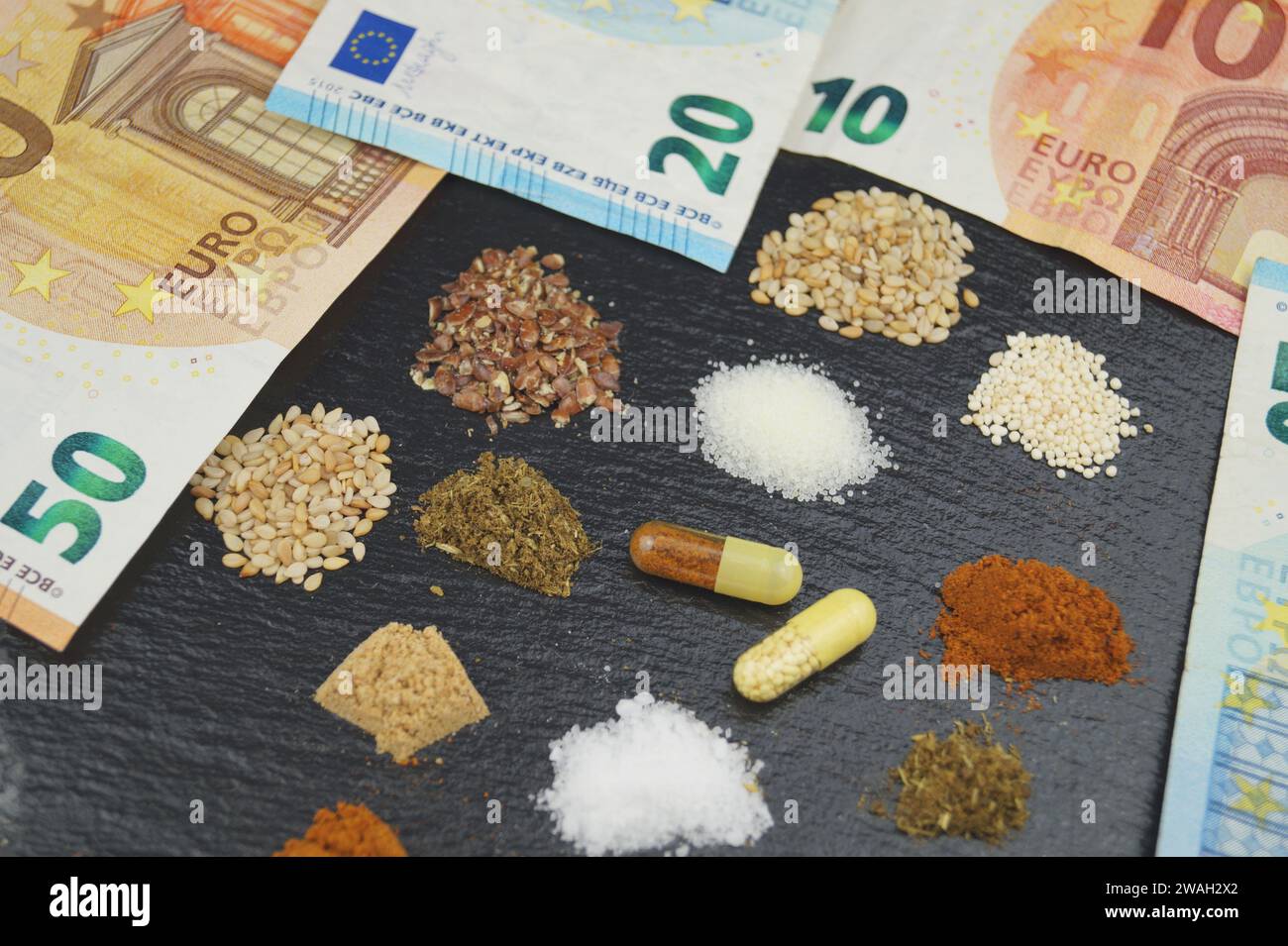 Nutritional supplements in pills with Euro bills Stock Photo
