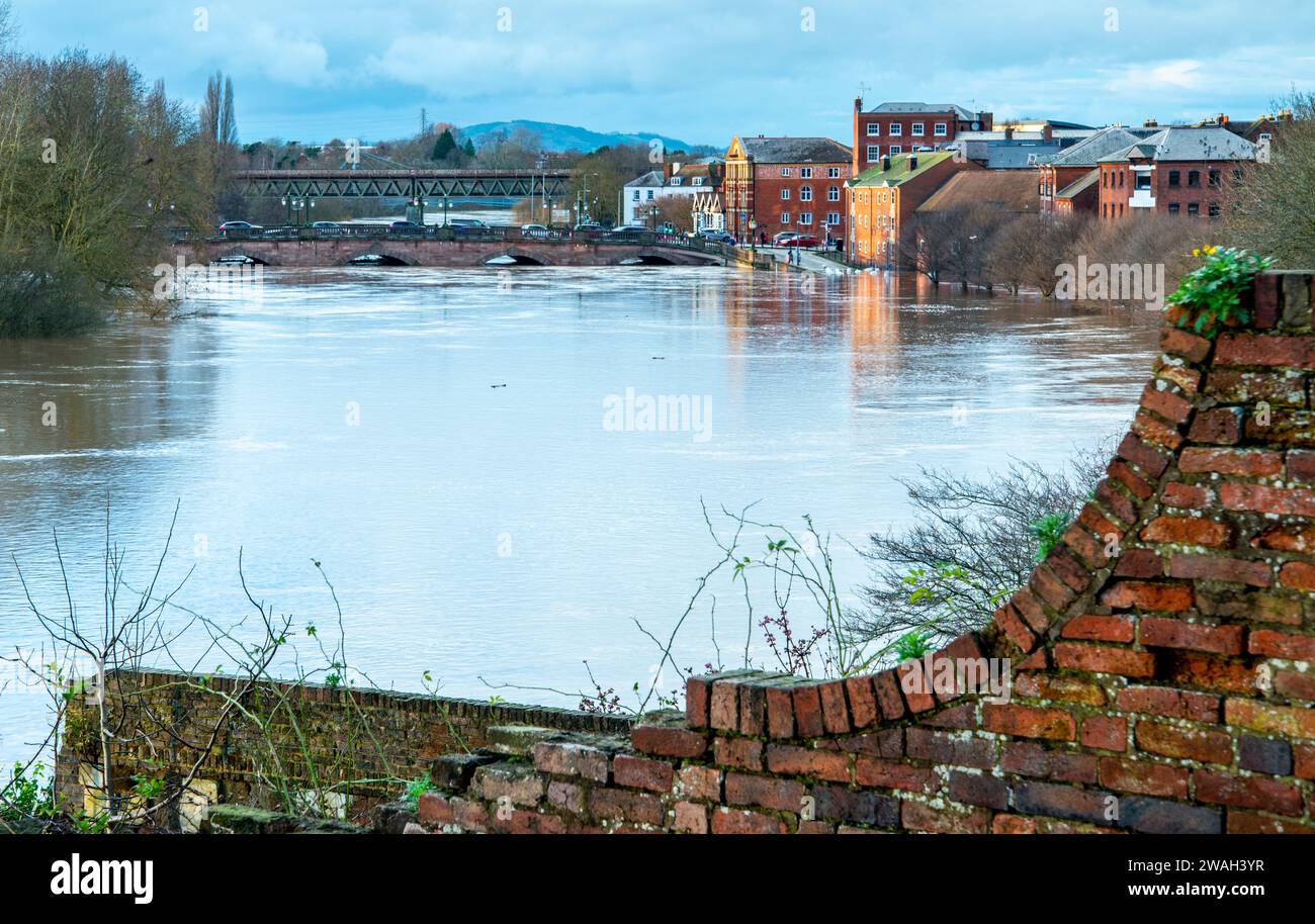 Significant flooding from rain water pouring into the Severn river, from sourounding hills and countryside after bursting riverbanks, prolonged winter Stock Photo