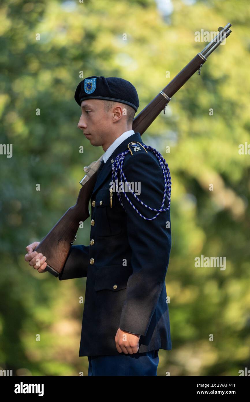 A soldier stands guard during the 9/11 ceremony on Monday, Sept. 11, 2023 in Lexington, Kentucky. Stock Photo