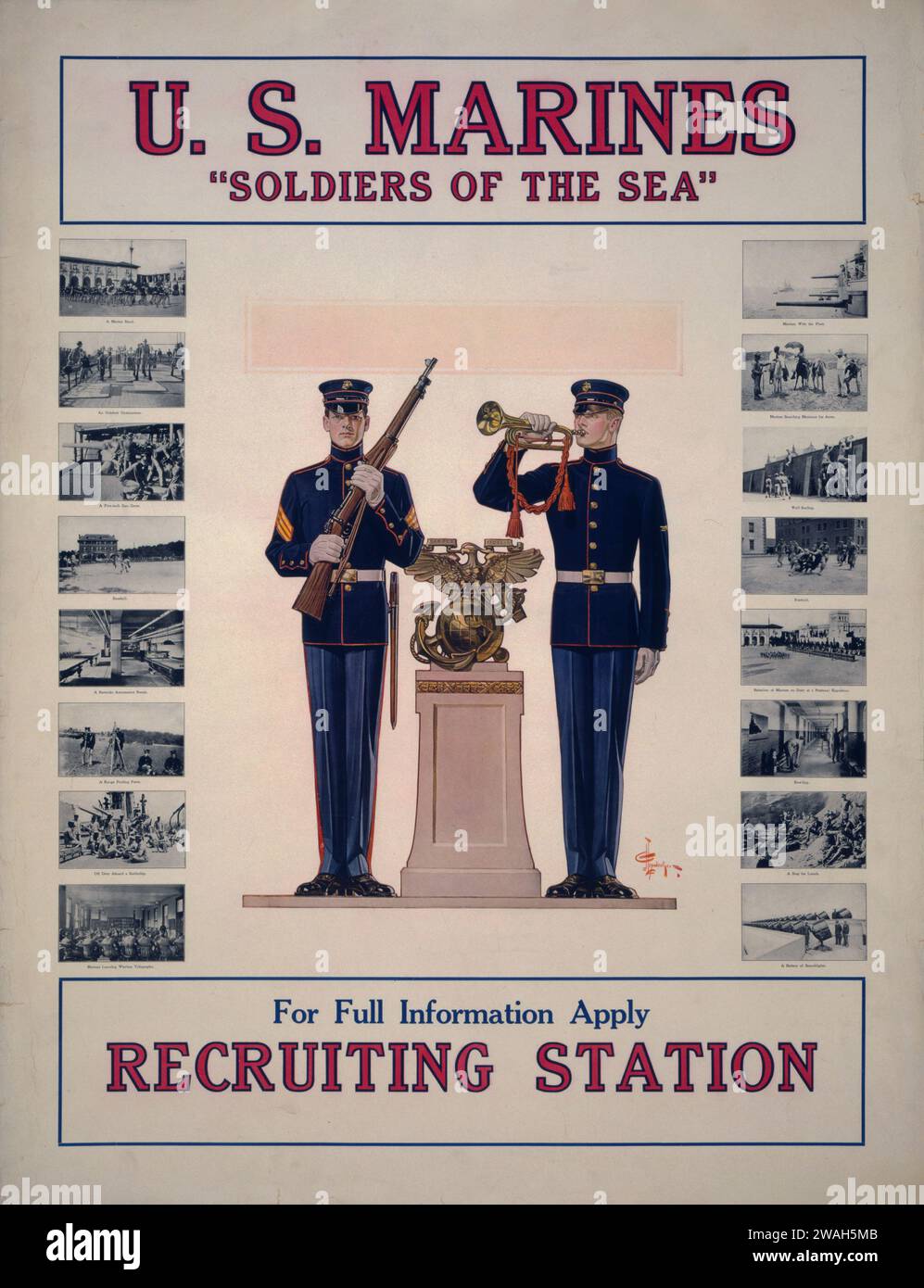 Vintage U.S. Marines recruitment poster with two uniformed soldiers, one with a rifle and one with a trumpet, titled 'Soldiers of the Sea.' Stock Photo
