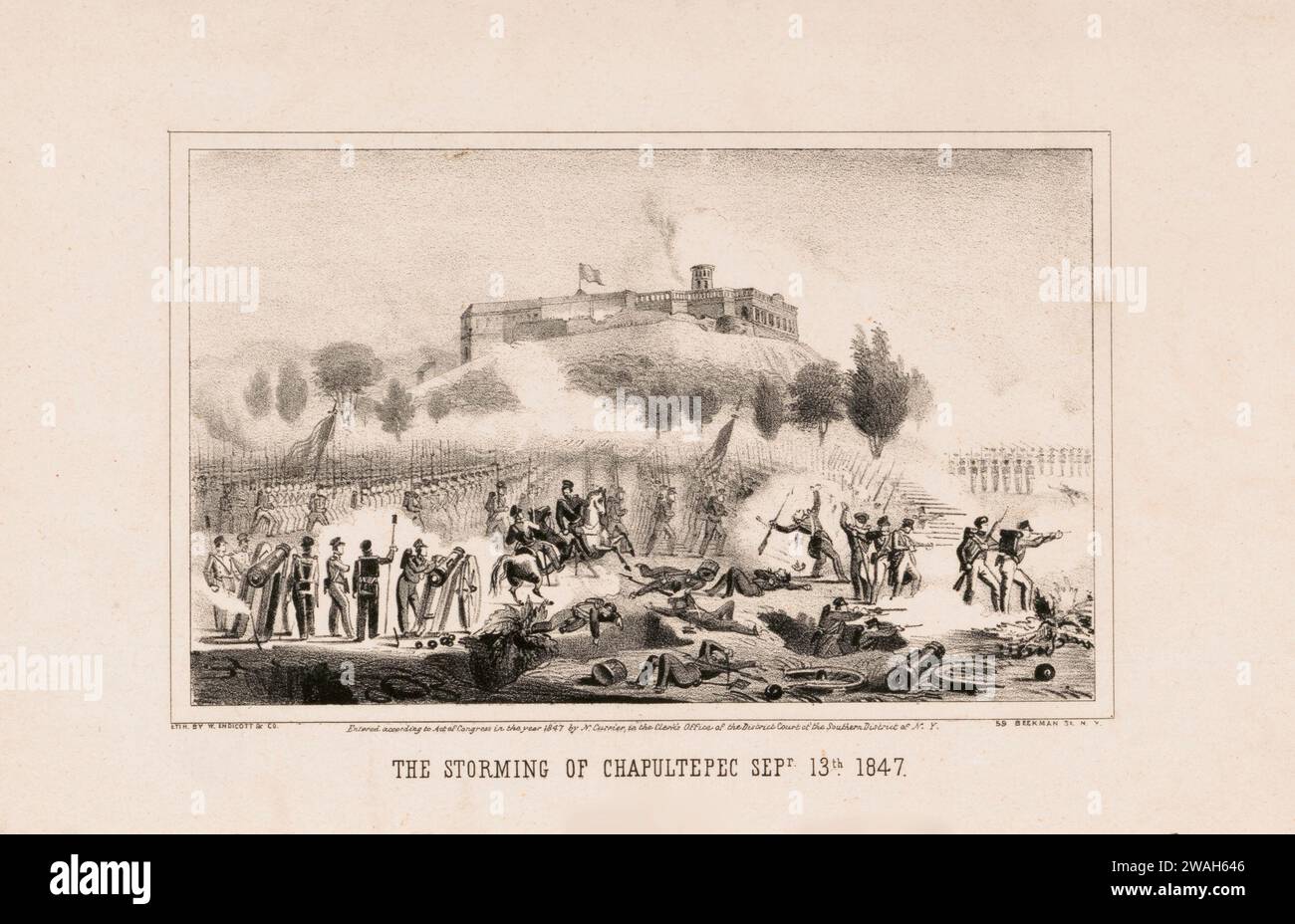 Lithograph showing the Storming of Chapultepec Castle in Mexico City on ...