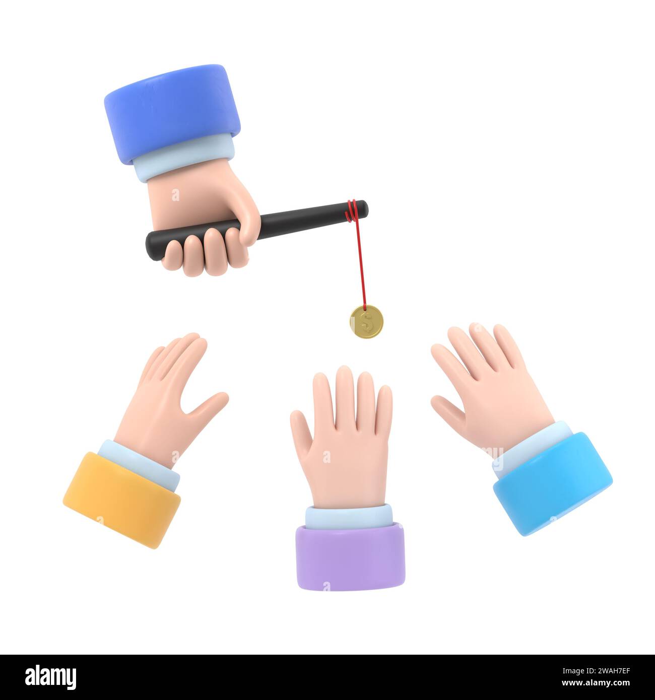 Incentive concept. Business metaphor. Personnel management leadership. Motivate people. Big hand holds gold coin on stick,businessman running for bait Stock Photo