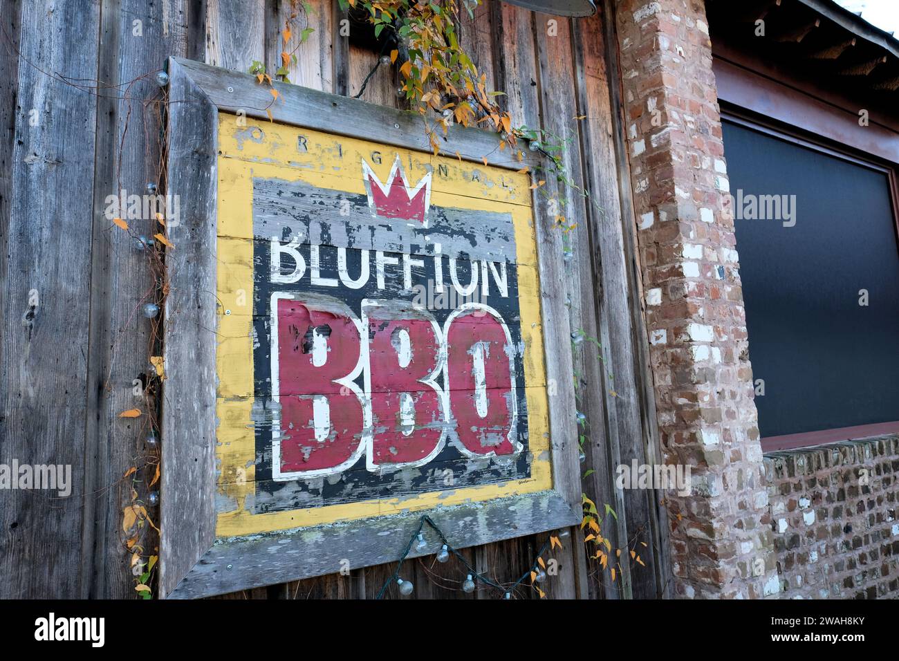 Sign at Bluffton BBQ, a barbeque restaurant in Bluffton, South Carolina