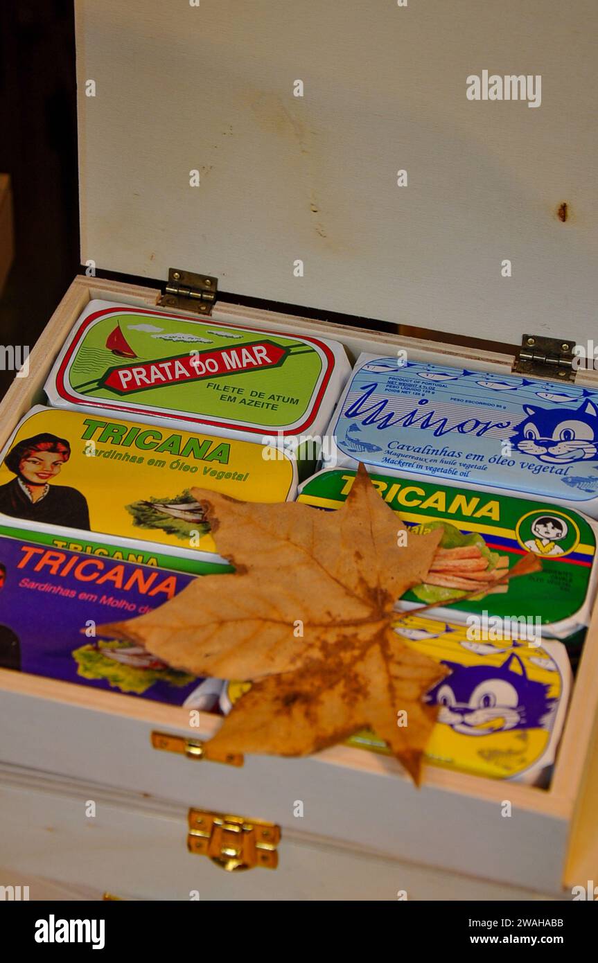 A gift set of canned fish in a wooden box at the famous Conserveira de