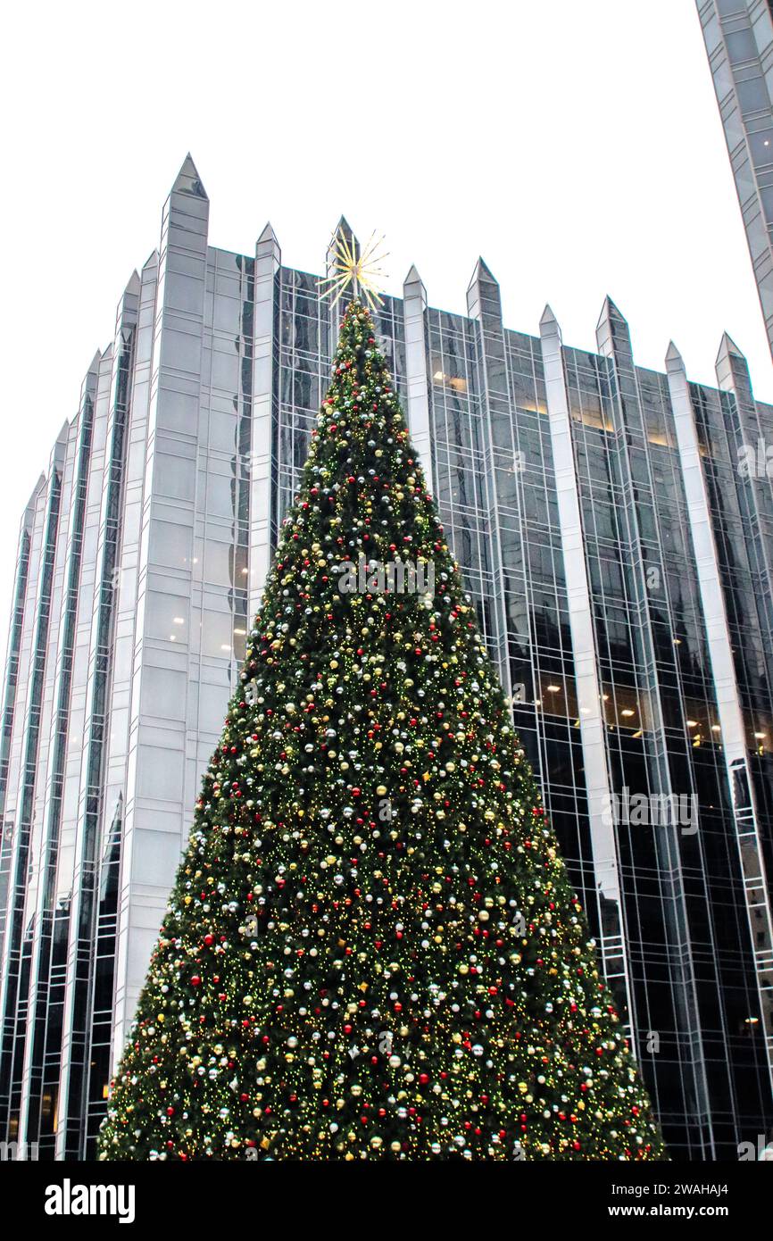 The Christmas tree in the center of PPG Arena ice skating rink is lit