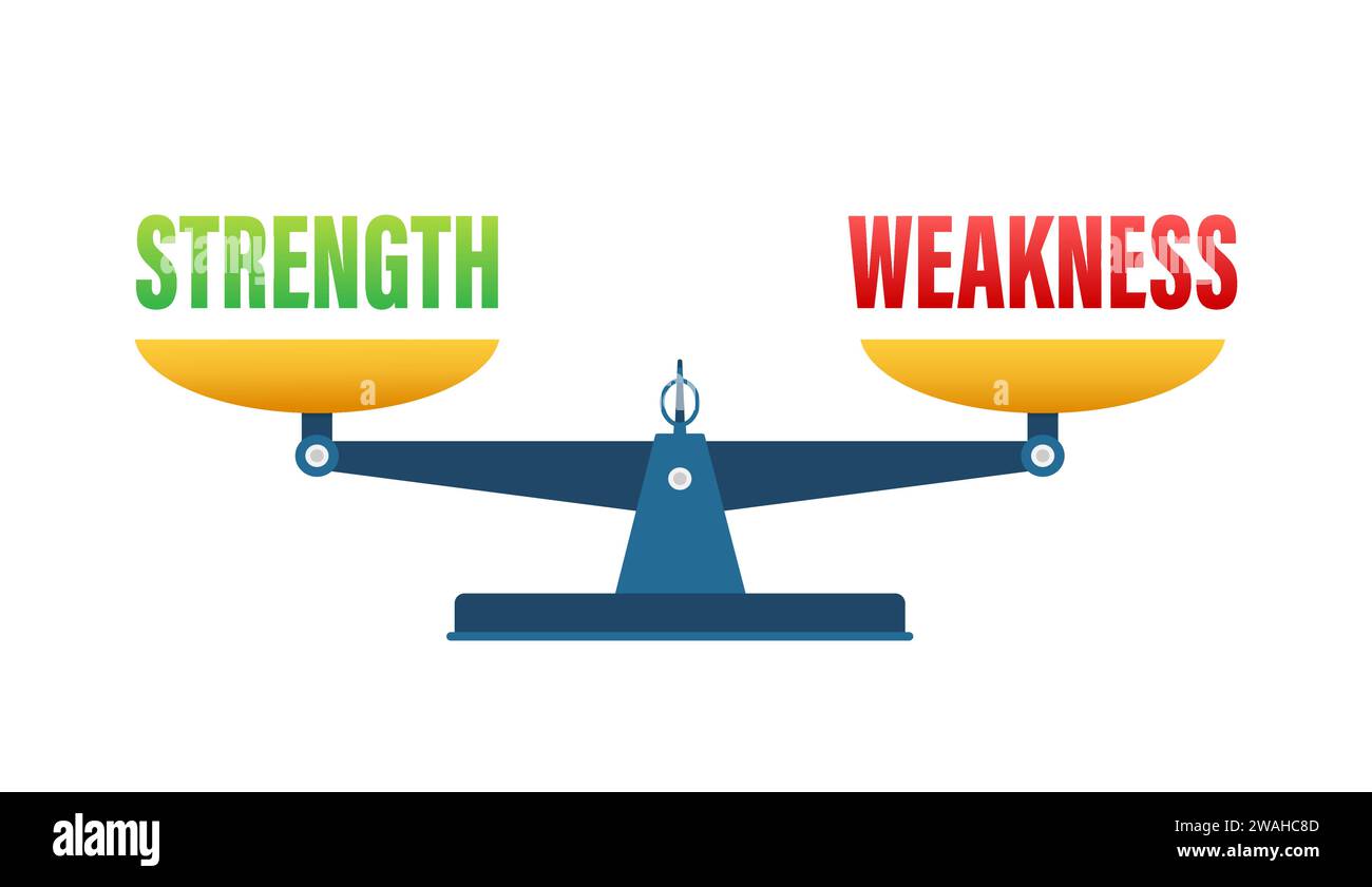 Strength and Weakness Balance Concept, Vector Illustration of Scales with Opposing Weights for Personal Development and SWOT Analysis Stock Vector
