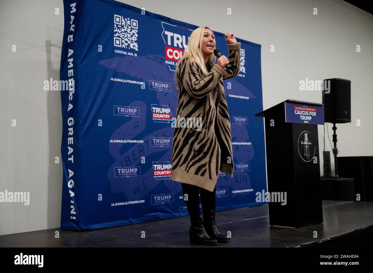 Keokuk, USA. 04th Jan, 2024. Rep. Marjorie Taylor Greene, R-Ga., speaks