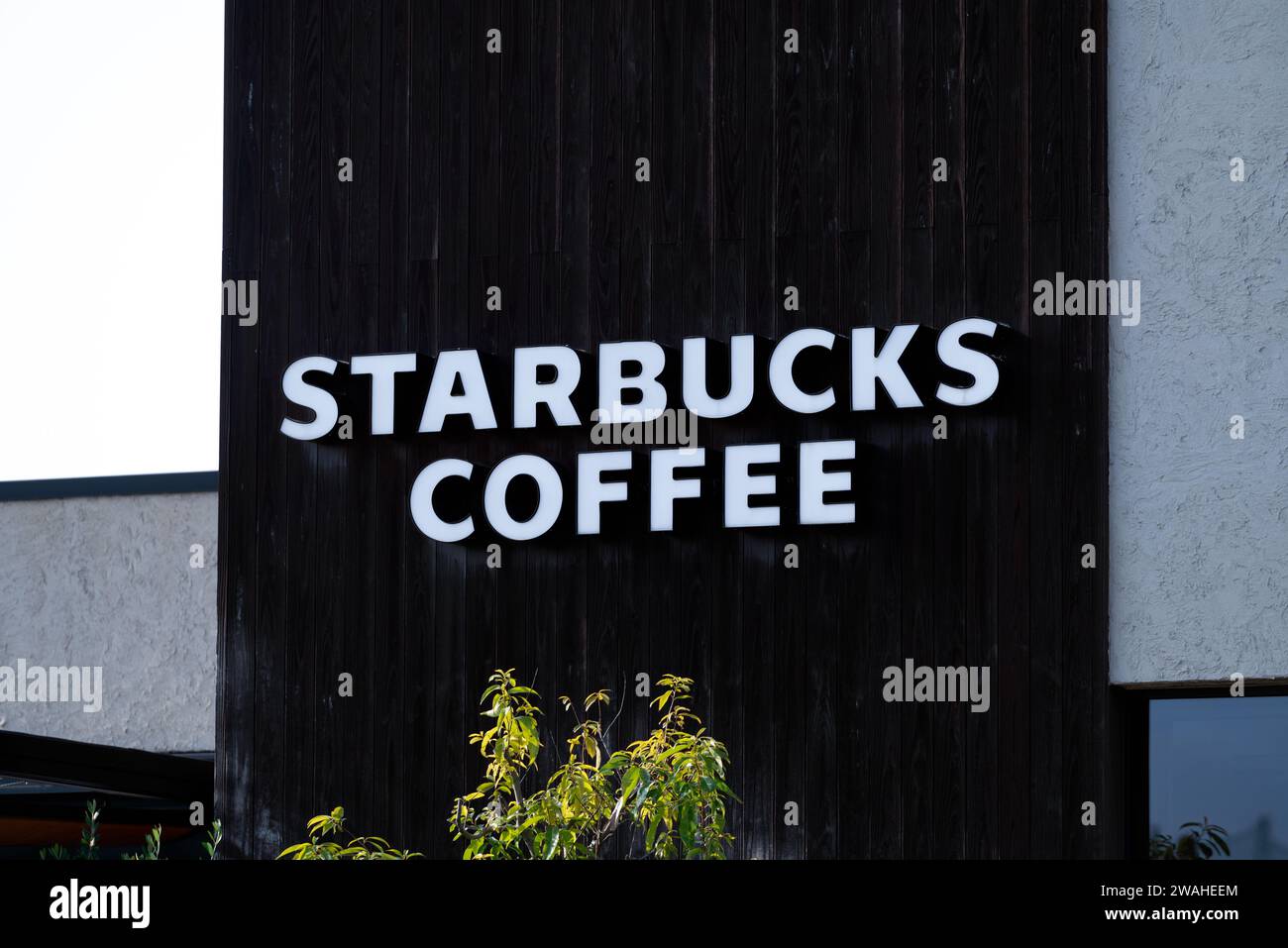 Starbucks Coffee logo sign on an establishment bulding. Stock Photo