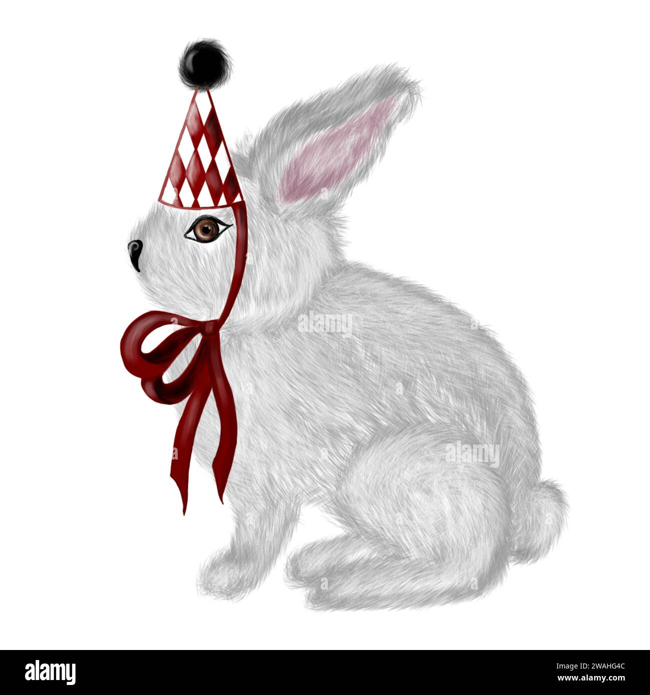 Watercolor illustration of a cute white bunny in a vintage red cap ...