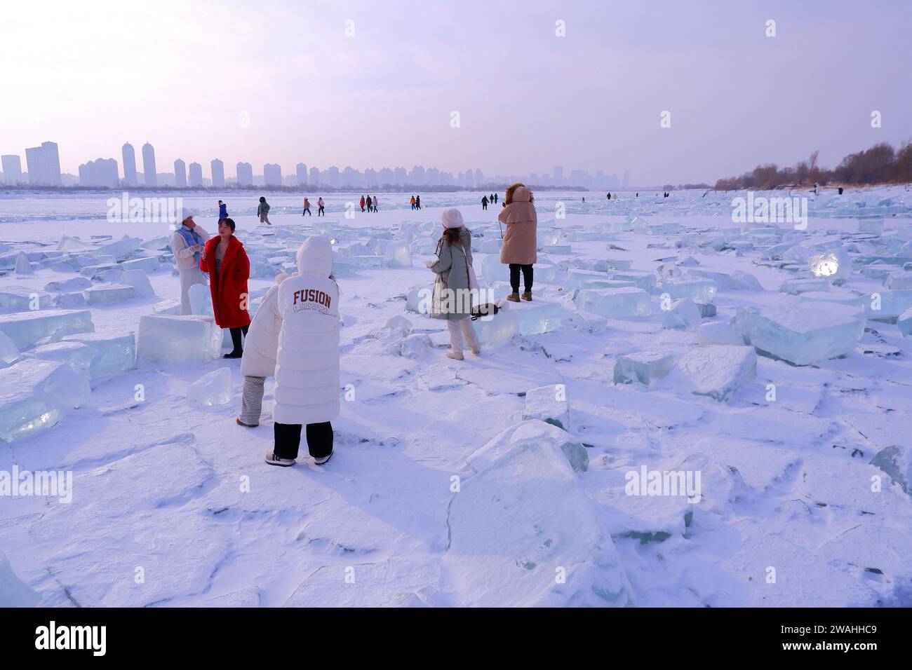 Ice blocks on the frozen Songhua River look like diamonds in Harbin