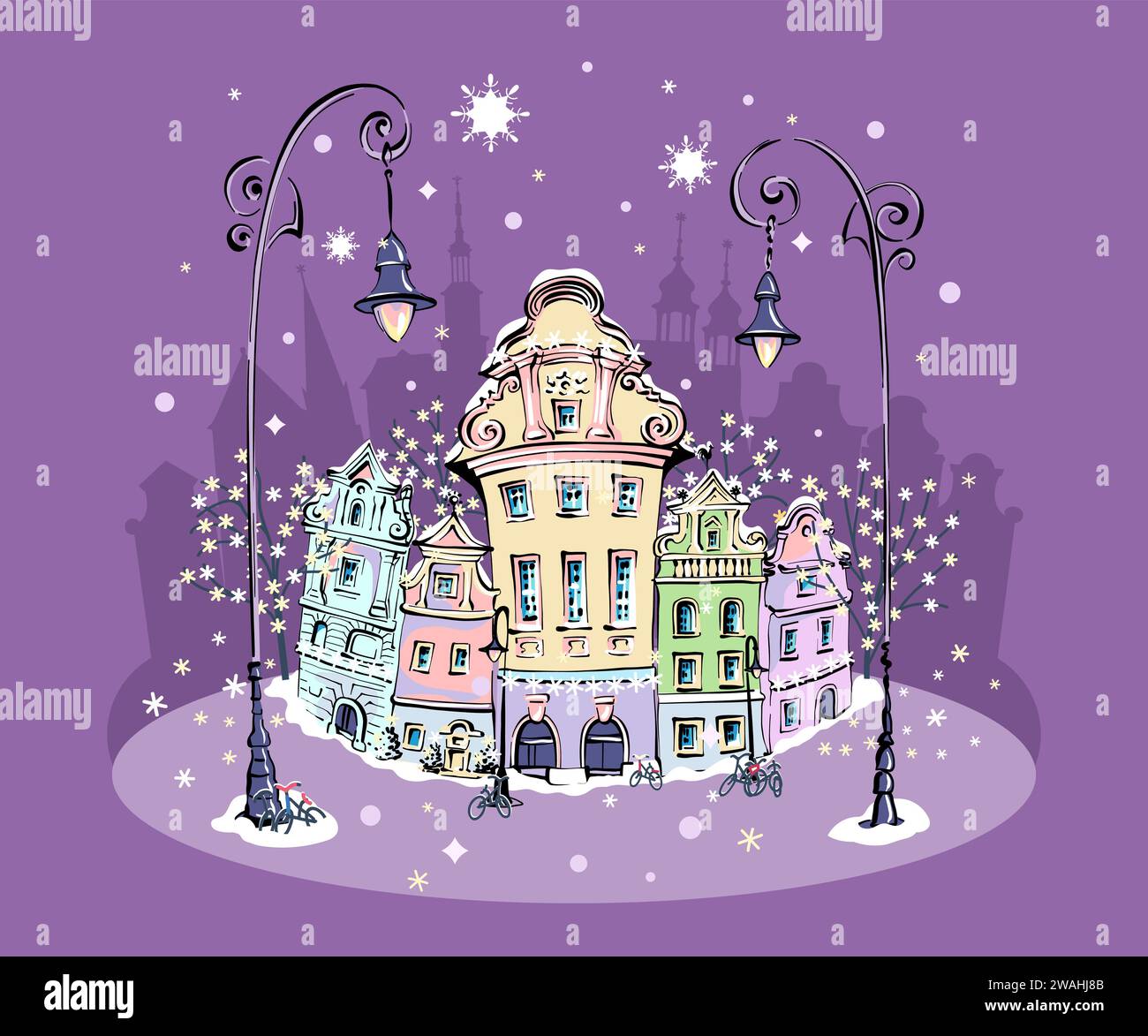 Vector color sketch of cozy houses on Old market square in Poznan at winter night, Poland Stock Vector
