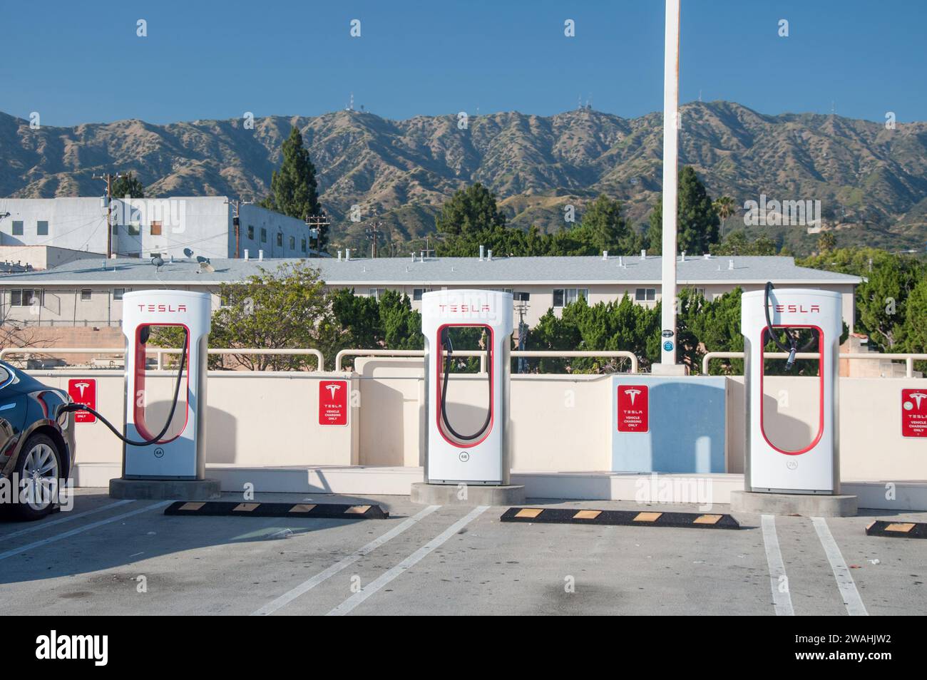 Burbank, California, USA June 4, 2023. Tesla charging stations at a