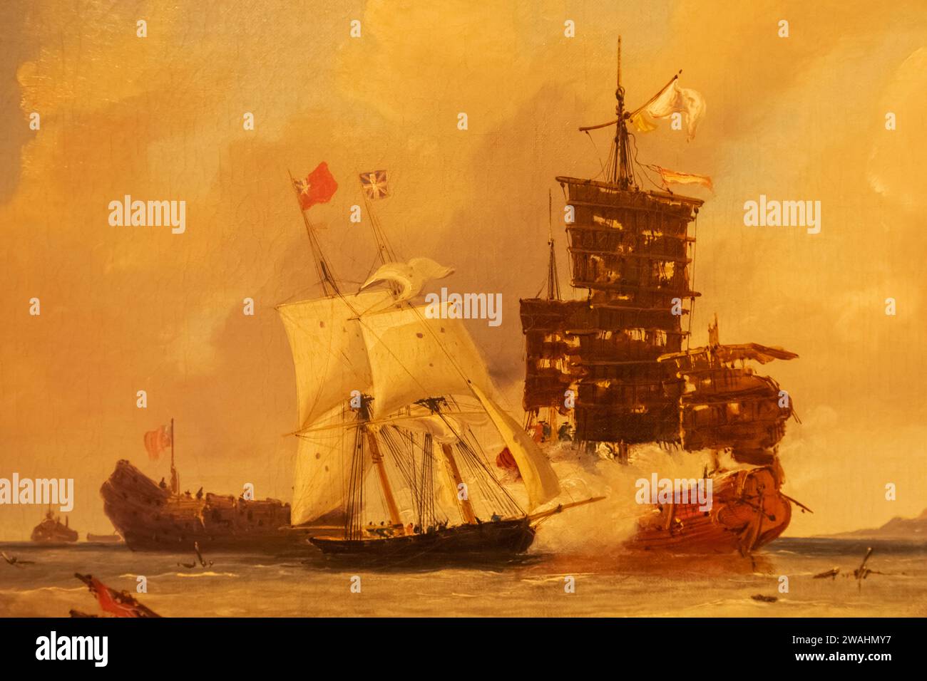 China, Hong Kong, Hong Kong Island, Maritime Museum, Painting Titled 'English Sloop Ariel engaging a Piratical Chinese Junk' by Unknown Artist Stock Photo