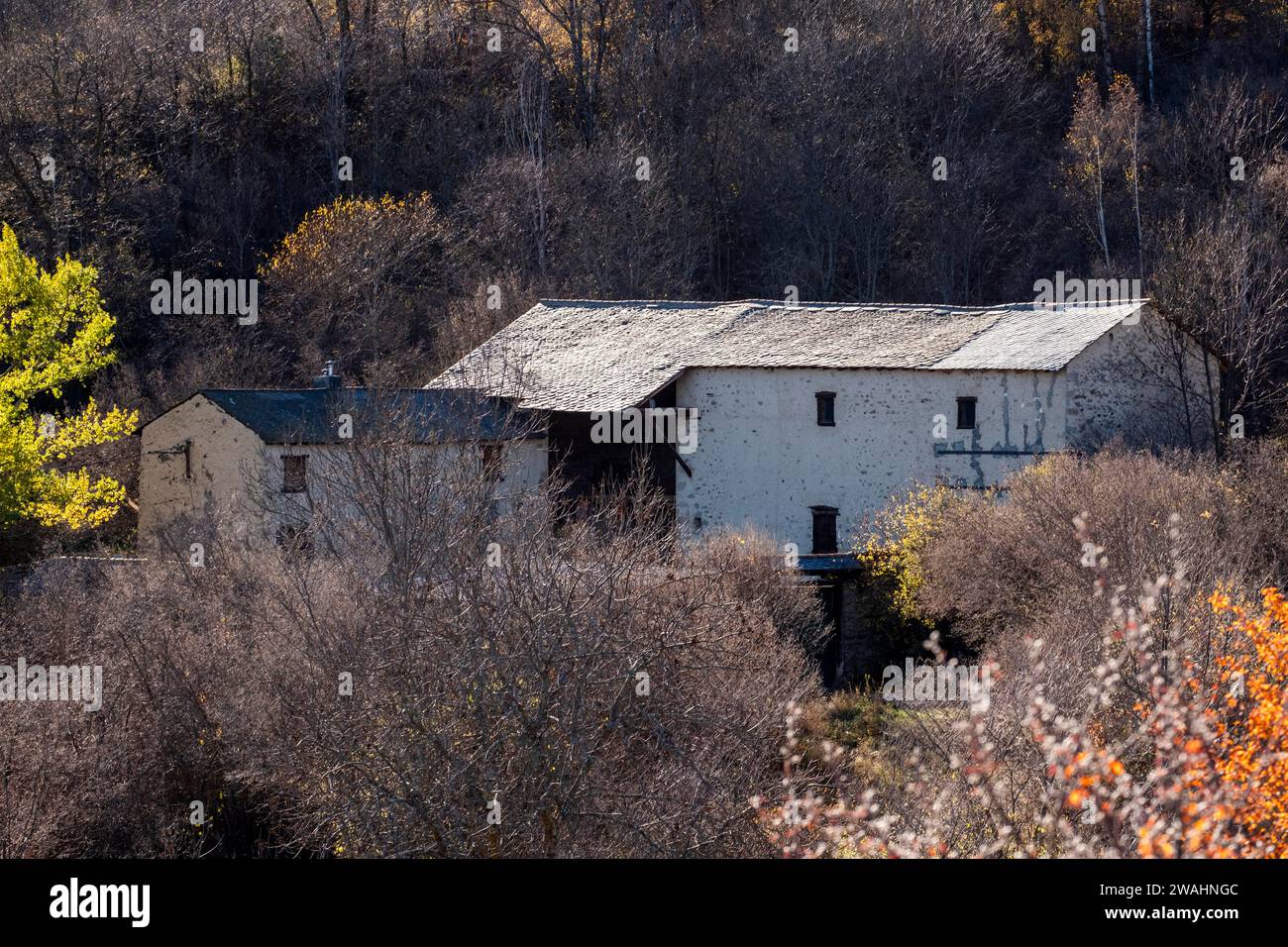 Elevated view of an old farm in the Pyrenees on the border road between France and Spain Stock Photo