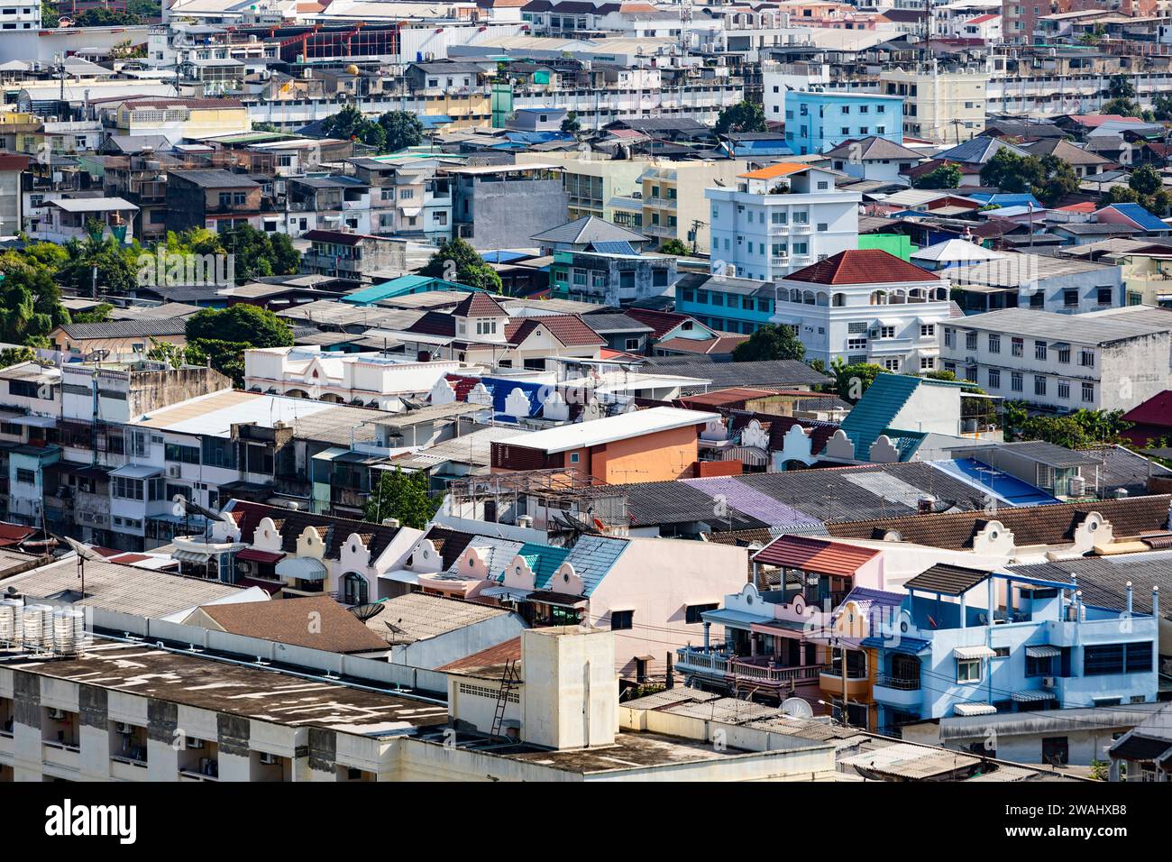 A cityscape shot of dense housing in Bangkok, Thailand Stock Photo