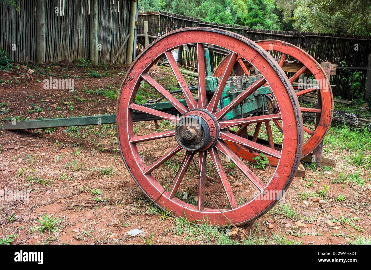Two wheeled vintage ox cart in Pretoria, South Africa - Bullock cart with red wheels - selective focus Stock Photo