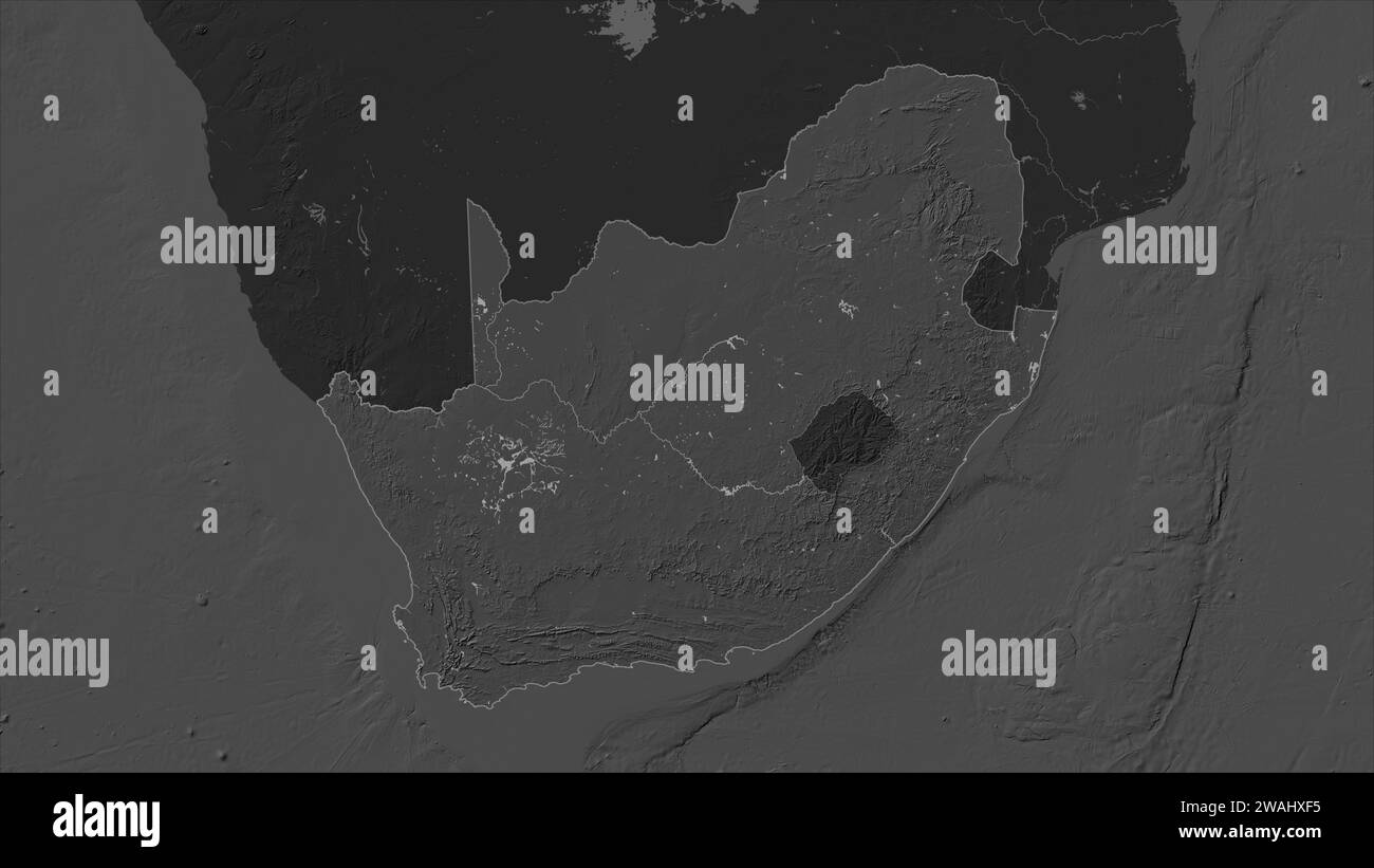 South Africa highlighted on a Bilevel elevation map with lakes and
