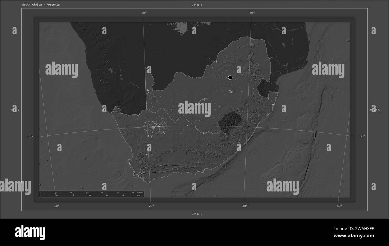 South Africa highlighted on a Bilevel elevation map with lakes and 