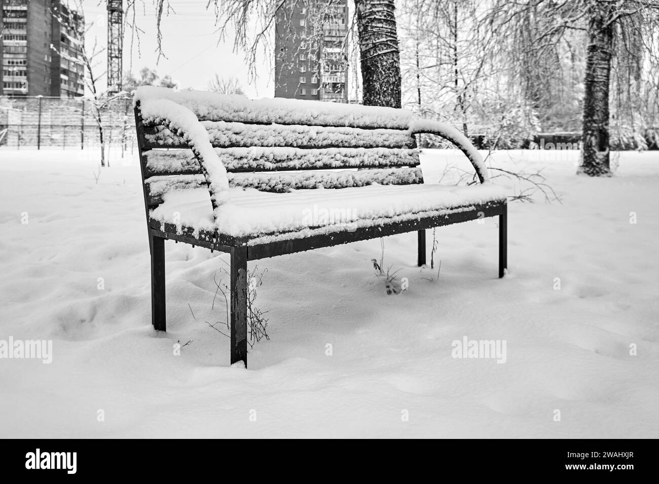 Ryazan, Russia - December 24, 2023: Bench covered with snow in winter park, black and white photo Stock Photo