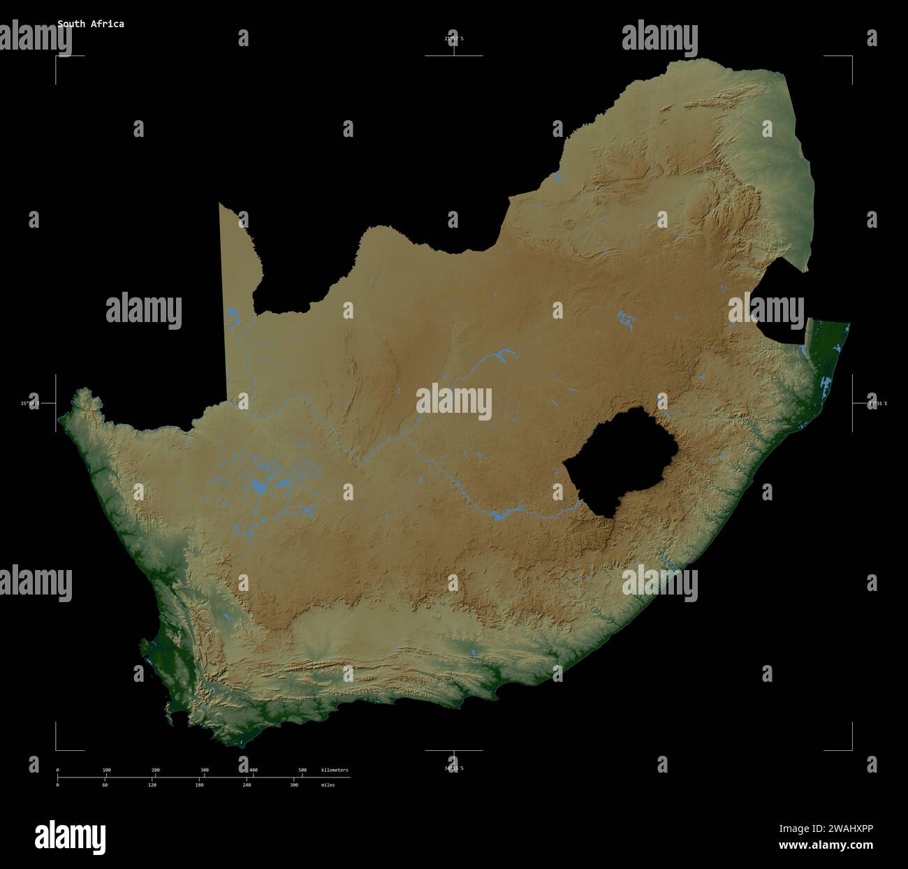 Shape of a Colored elevation map with lakes and rivers of the South