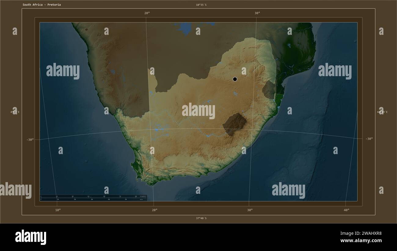 South Africa highlighted on a Colored elevation map with lakes and