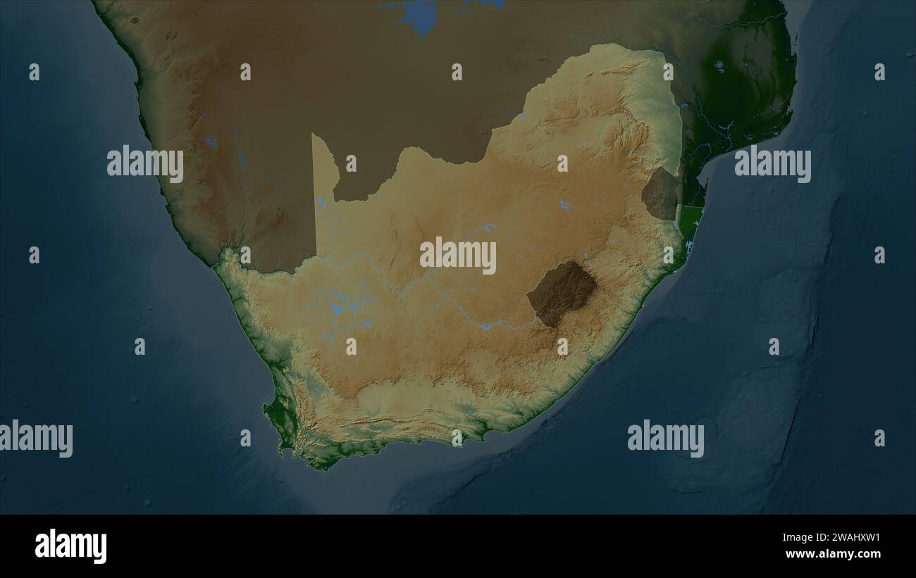 South Africa highlighted on a Colored elevation map with lakes and ...