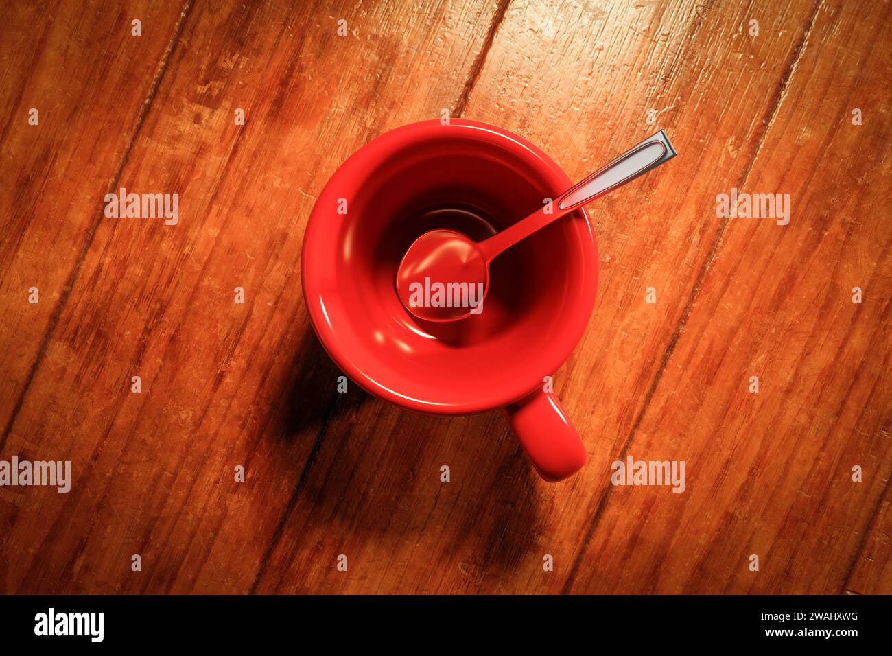 Red porcelain tea cup on a wooden kitchen table. Stock Photo