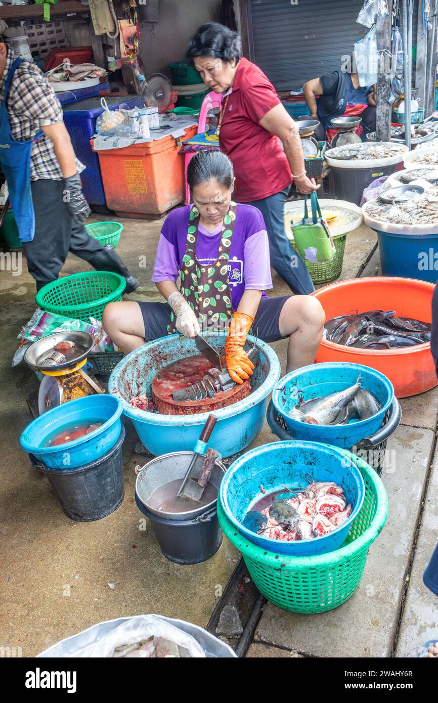 A lady slicing catfish in Mae Klong Railway Market, Thailand Stock Photo -  Alamy