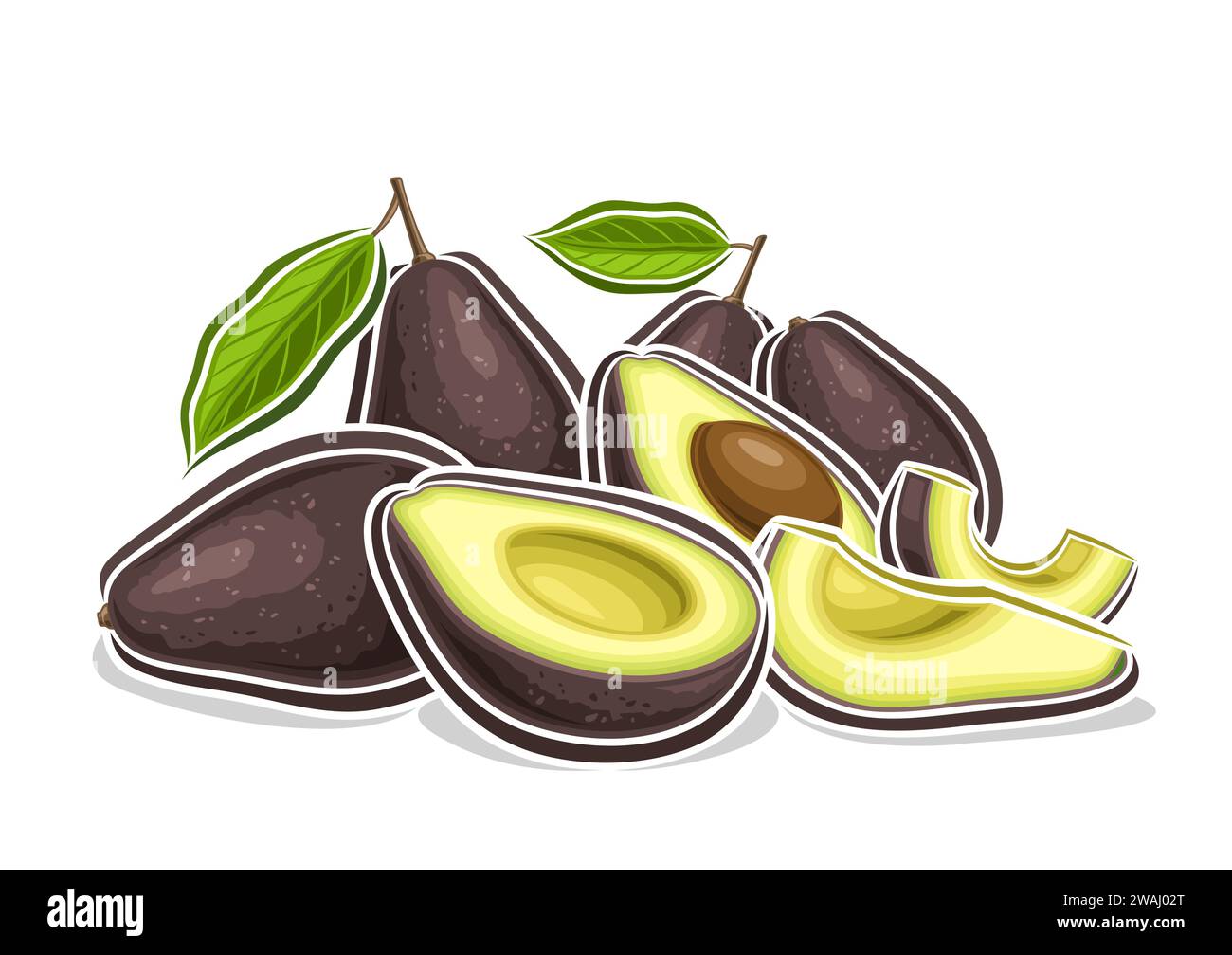 Vector logo for Avocado, decorative horizontal poster with outline illustration of avocado composition with green leaves on stem, cartoon design veggi Stock Vector