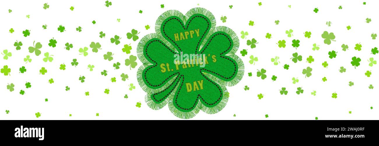 St. Patrick Day shamrock clover background. Vector border with flying green leaves for posters banners and greeting cards. Stock Vector
