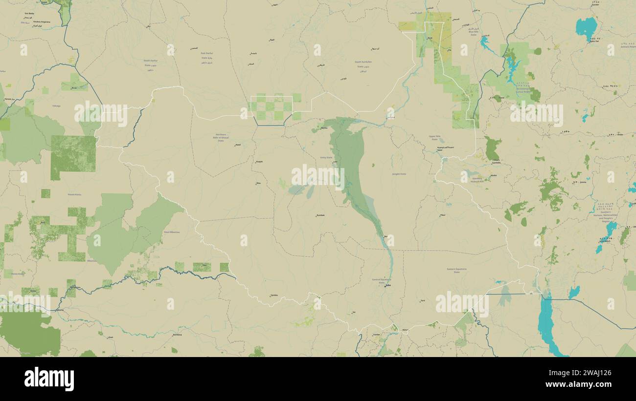 South Sudan outlined on a topographic, OSM Humanitarian style map Stock ...