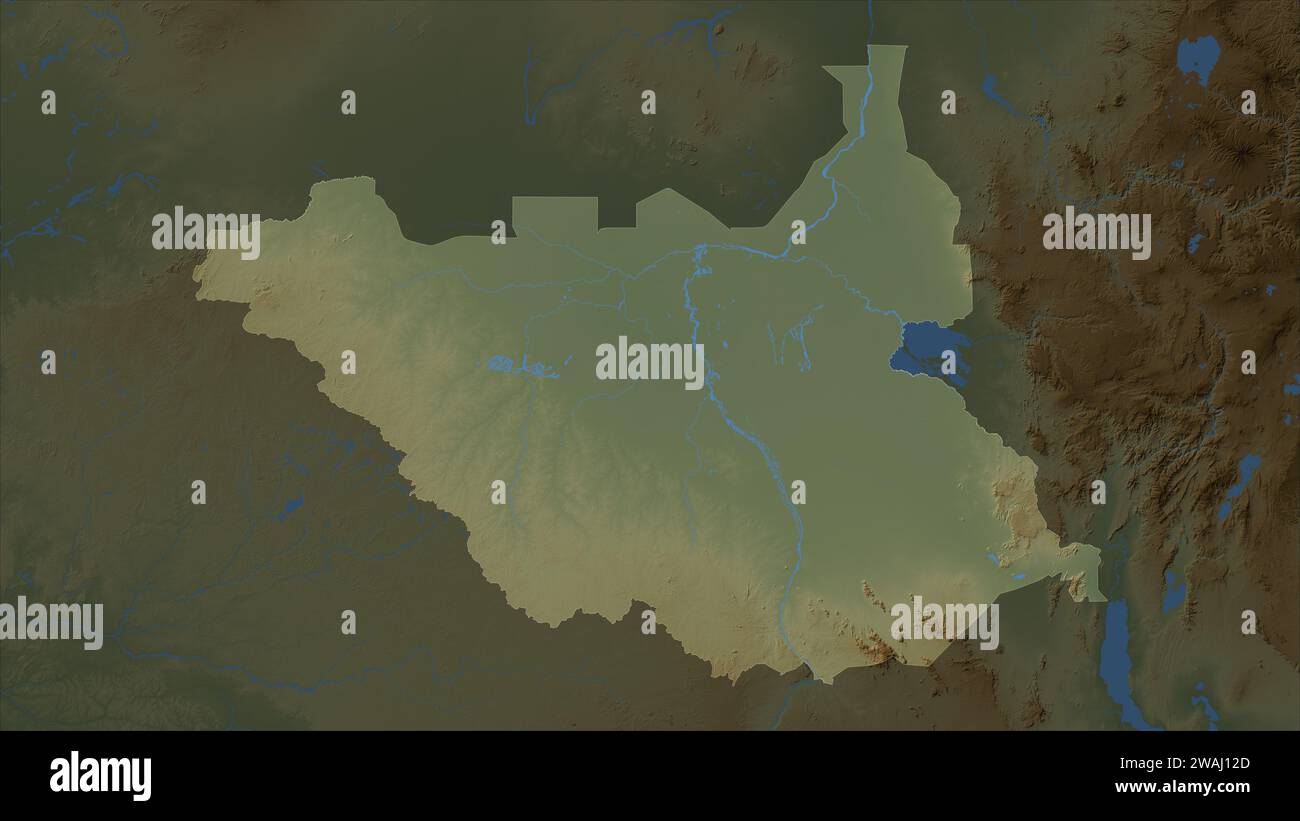 South Sudan highlighted on a Colored elevation map with lakes and ...