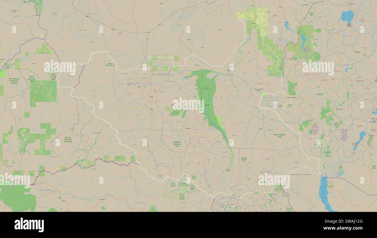 South Sudan outlined on a topographic, OSM standard style map Stock ...
