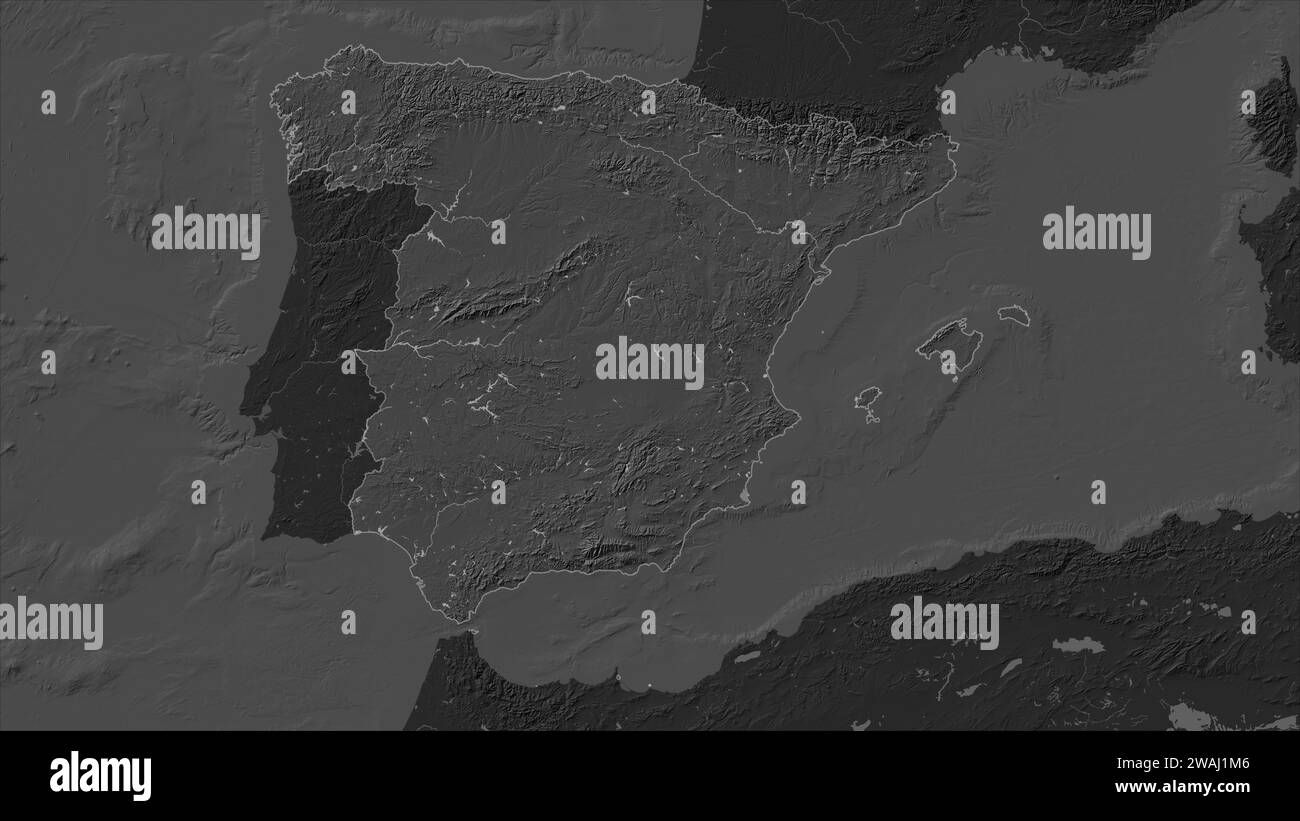 Spain highlighted on a Bilevel elevation map with lakes and rivers ...