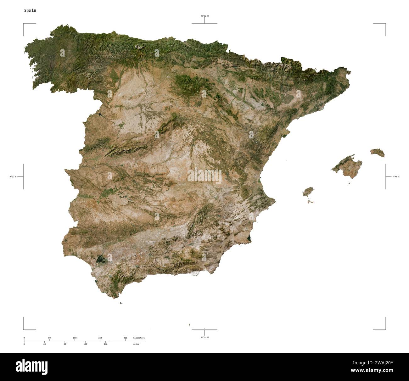 Shape of a low resolution satellite map of the Spain, with distance ...