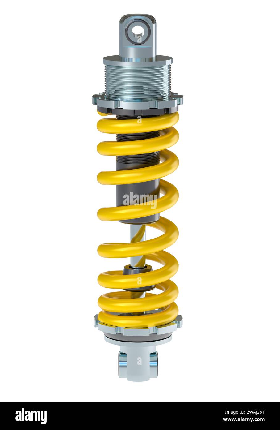 shock absorber with yellow spring isolated on white. 3d render Stock Photo