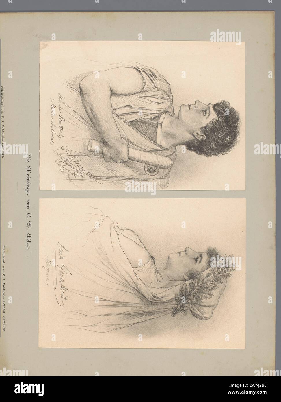Two photo productions of drawings, representing a portrait of Alexander Barthel as Marcus Antonius and a portrait of Anna Haverland as iPhigenia, F.A. Dahlström, after Christian Wilhelm Allers, 1890 photomechanical print   paper collotype Portrait of Actor, ACTRESS. Iphigenia Stock Photo